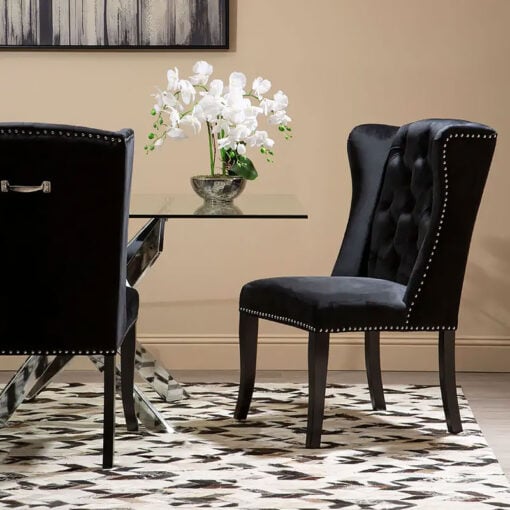 Set Of 2 Elmira Black Velvet Tufted Winged Studded High Back Dining Chairs