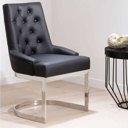 Set Of 2 Euston Cantilever Tufted Black Faux Leather And Chrome Dining Chairs
