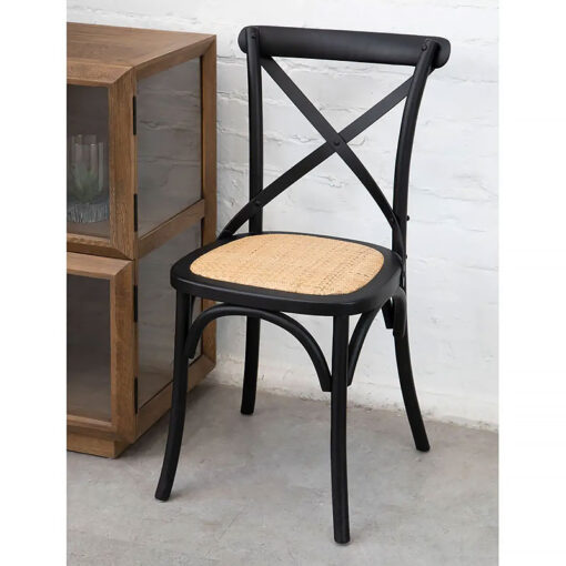 Set Of 2 French Country Cottage Black Oak Wood Dining Chairs With Woven Seat