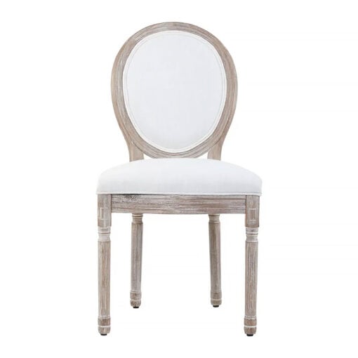 Set Of 2 French Country Cottage Cream White Linen And Natural Wood Dining Chairs