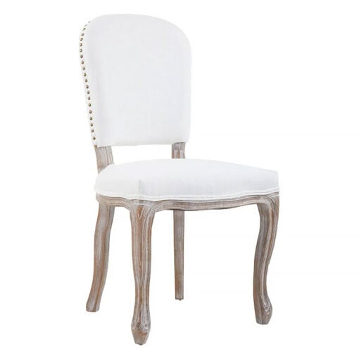 Set Of 2 French Country Cottage White Linen And Natural Wood Dining Chairs