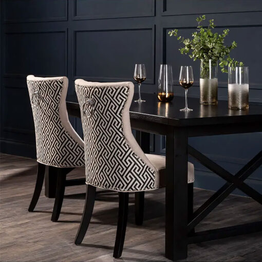 Set Of 2 Helen Grey Linen And Black Wood Ring Knocker Dining Chairs
