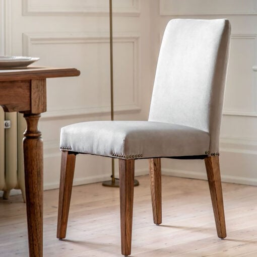 Set Of 2 Keith Taupe Velvet Studded Dining Chairs With Oak Wood Legs