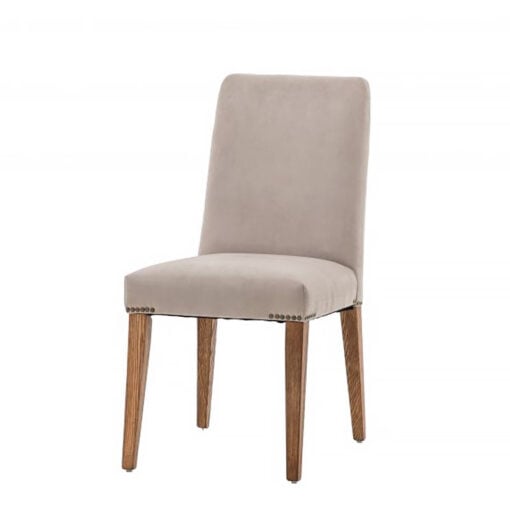 Set Of 2 Keith Taupe Velvet Studded Dining Chairs With Oak Wood Legs