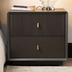 Luxor Smoke Grey Elm Wood 2 Drawer Bedside Cabinet With Gold Handles