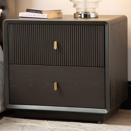 Luxor Smoke Grey Elm Wood 2 Drawer Bedside Cabinet With Gold Handles