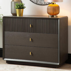 Luxor Smoke Grey Elm Wood 3 Drawer Chest Of Drawers With Gold Handles