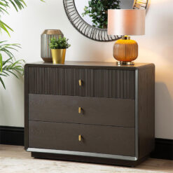 Luxor Smoke Grey Elm Wood 3 Drawer Chest Of Drawers With Gold Handles