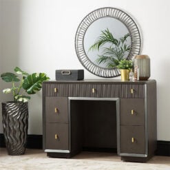 Luxor Smoke Grey Elm Wood 7 Drawer Dressing Table With Gold Handles