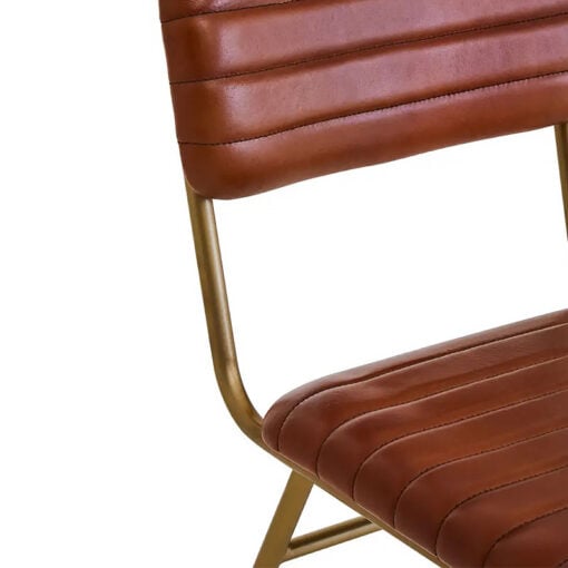 Set Of 2 Macon Industrial Genuine Tan Brown Leather Dining Chairs With Gold Legs