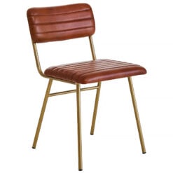 Macon Industrial Genuine Tan Brown Leather Dining Chair With Gold Legs
