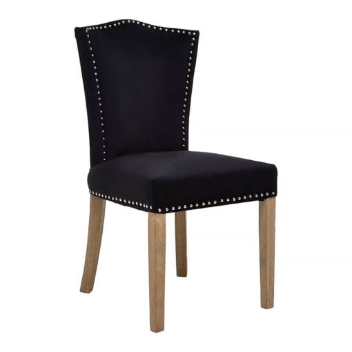 Set Of 2 Princeton Black Velvet Studded Dining Chairs With Natural Wood Legs