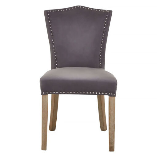 Set Of 2 Princeton Grey Velvet Studded Dining Chairs With Natural Wood Legs