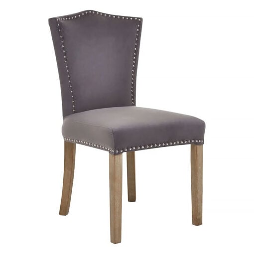 Set Of 2 Princeton Grey Velvet Studded Dining Chairs With Natural Wood Legs