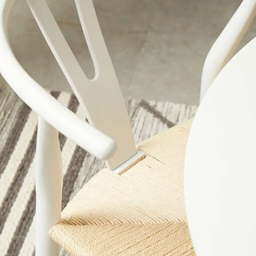 Set Of 2 Scandi Nordic White Wood Wishbone Dining Chairs With Woven Seat