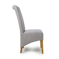 Selma High Scroll Back Light Grey Weave Dining Chair With Wood Legs