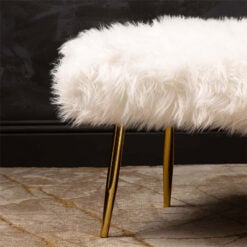 White Faux Fur Vanity Bedroom Bench With Gold Legs