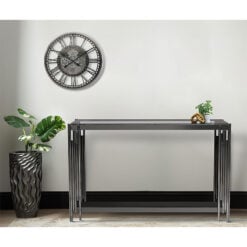 Colton Black Gunmetal Steel And Smoked Glass Console Hallway Table