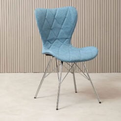 Eiffel Soft Blue Fabric Armless Curved Dining Chair With Chrome Legs