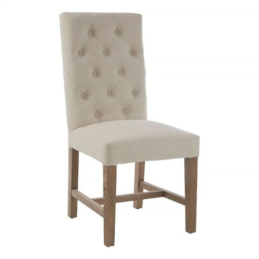 Set Of 2 French Rustic Beige Linen Tufted Dining Chairs With Oak Legs