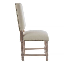 French Rustic Natural Linen Studded Dining Chair With Carved Oak Legs
