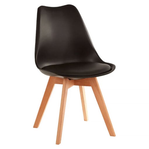 Scandi Nordic Black Plastic And Faux Leather Dining Chair With Wood Legs