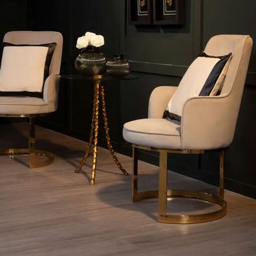 Set Of 2 Wellington Beige Velvet Scoop Back Tub Dining Chairs With Gold Legs