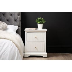 Ebony Warm White Wood 2 Drawer Bedside Cabinet With Gold Handles