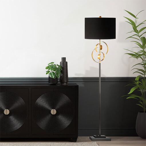 Gold Metal Leaf Floor Lamp With Black Linen Shade 162cm