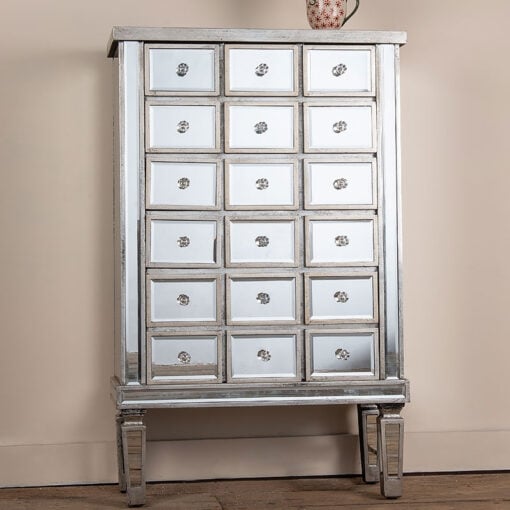 Lucca Vintage Venetian 18 Drawer Mirrored Glass Tallboy Chest Of Drawers