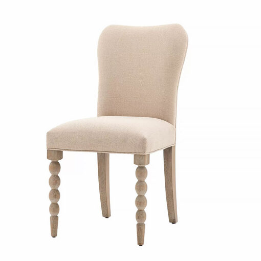 Set Of 2 Artisan Natural Linen Dining Chairs With Hand Carved Oak Legs