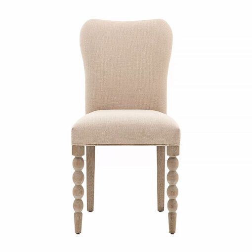 Set Of 2 Artisan Natural Linen Dining Chairs With Hand Carved Oak Legs