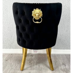 Set Of 2 Diana Black Velvet And Gold Dining Chairs With Lion Knocker