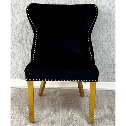 Set Of 2 Diana Black Velvet And Gold Dining Chairs With Lion Knocker