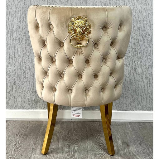Set Of 2 Diana Mink Velvet And Gold Dining Chairs With Lion Knocker