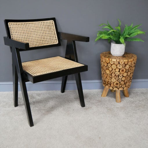 Set Of 2 Juna Black Solid Teak Wood And Rattan Cane Dining Chairs