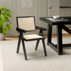 Set Of 2 Juna Black Solid Teak Wood And Rattan Cane Dining Chairs