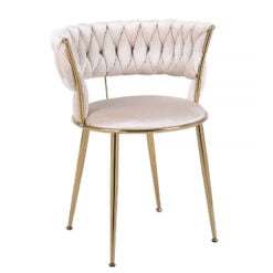 Set Of 2 Marissa Braided Cream Mink Velvet Tub Dining Chairs With Gold Legs
