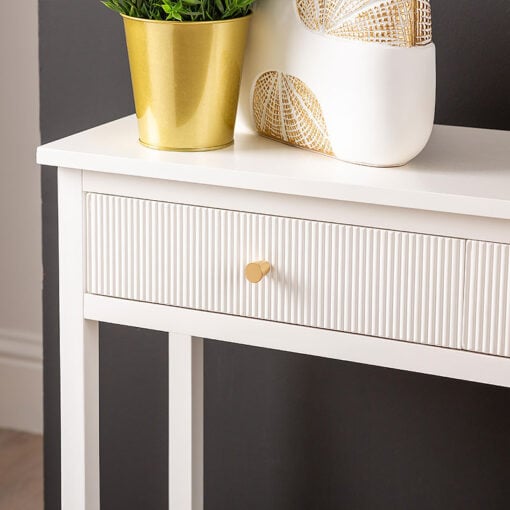 Ebony Warm White Wood 2 Drawer Narrow Console Table With Gold Handles