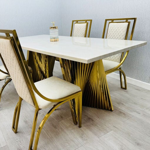 6 Seater Art Deco Cream White Marble And Gold Metal Dining Table 180cm
