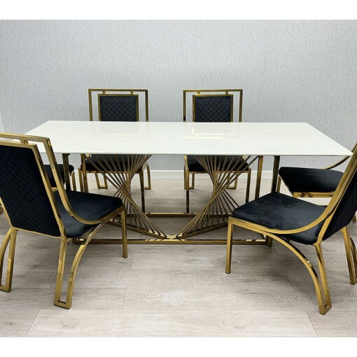6 Seater Art Deco White Marble Effect Ceramic And Gold Dining Table