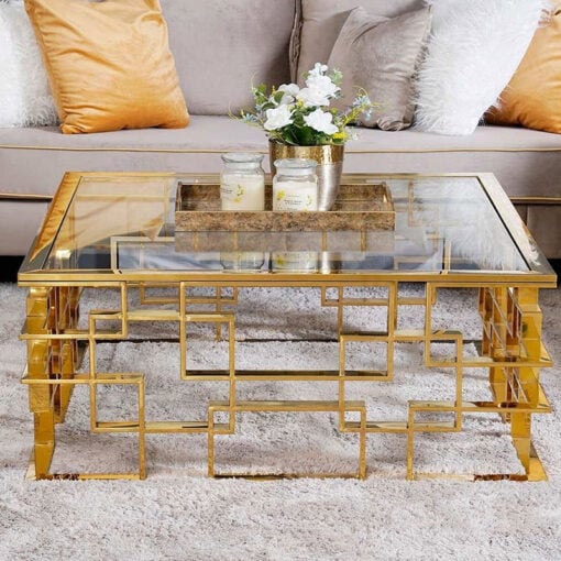 Anisa Art Deco Gold Metal And Clear Glass Square Large Coffee Table