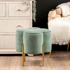 Aqua Blue Velvet Clover Ottoman Stool With Gold Metal Legs