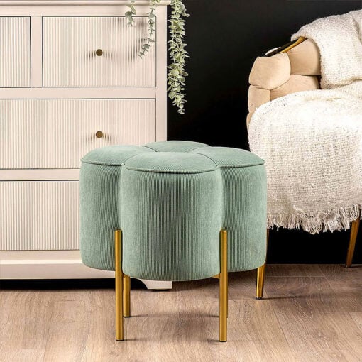 Teal Blue Velvet Clover Ottoman Stool With Gold Metal Legs