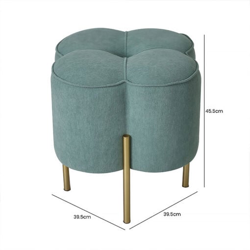 Teal Blue Velvet Clover Ottoman Stool With Gold Metal Legs