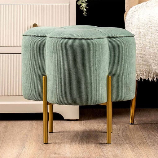 Teal Blue Velvet Clover Ottoman Stool With Gold Metal Legs