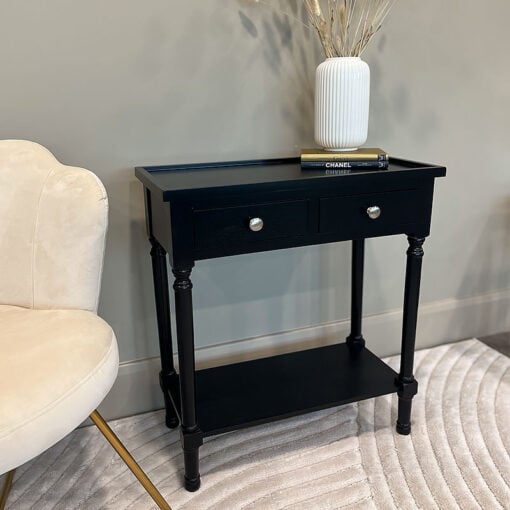 Arabella Small Slim Black Wood 2 Drawer Console Table Hallway Table