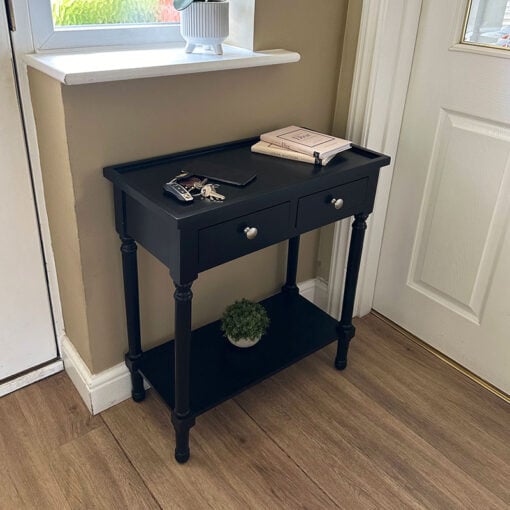 Arabella Small Slim Black Wood 2 Drawer Console Table Hallway Table