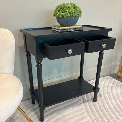 Arabella Small Slim Black Wood 2 Drawer Console Table Hallway Table