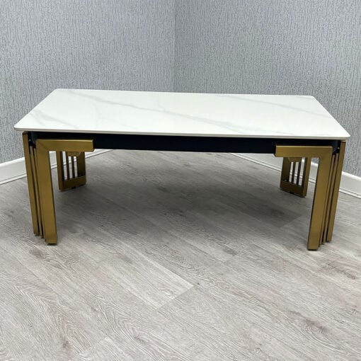 Art Deco Cream White Marble Effect Ceramic And Gold Metal Coffee Table